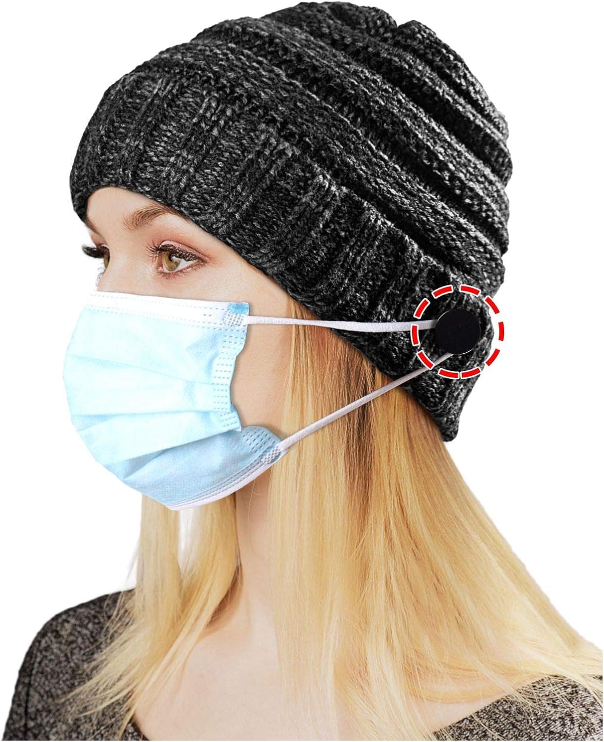 Beanie for Men Women, Winter Knit Acrylic Beanie Hat, Warm & Stretchy,with 4 Extra Buttons to Hold Face Mask