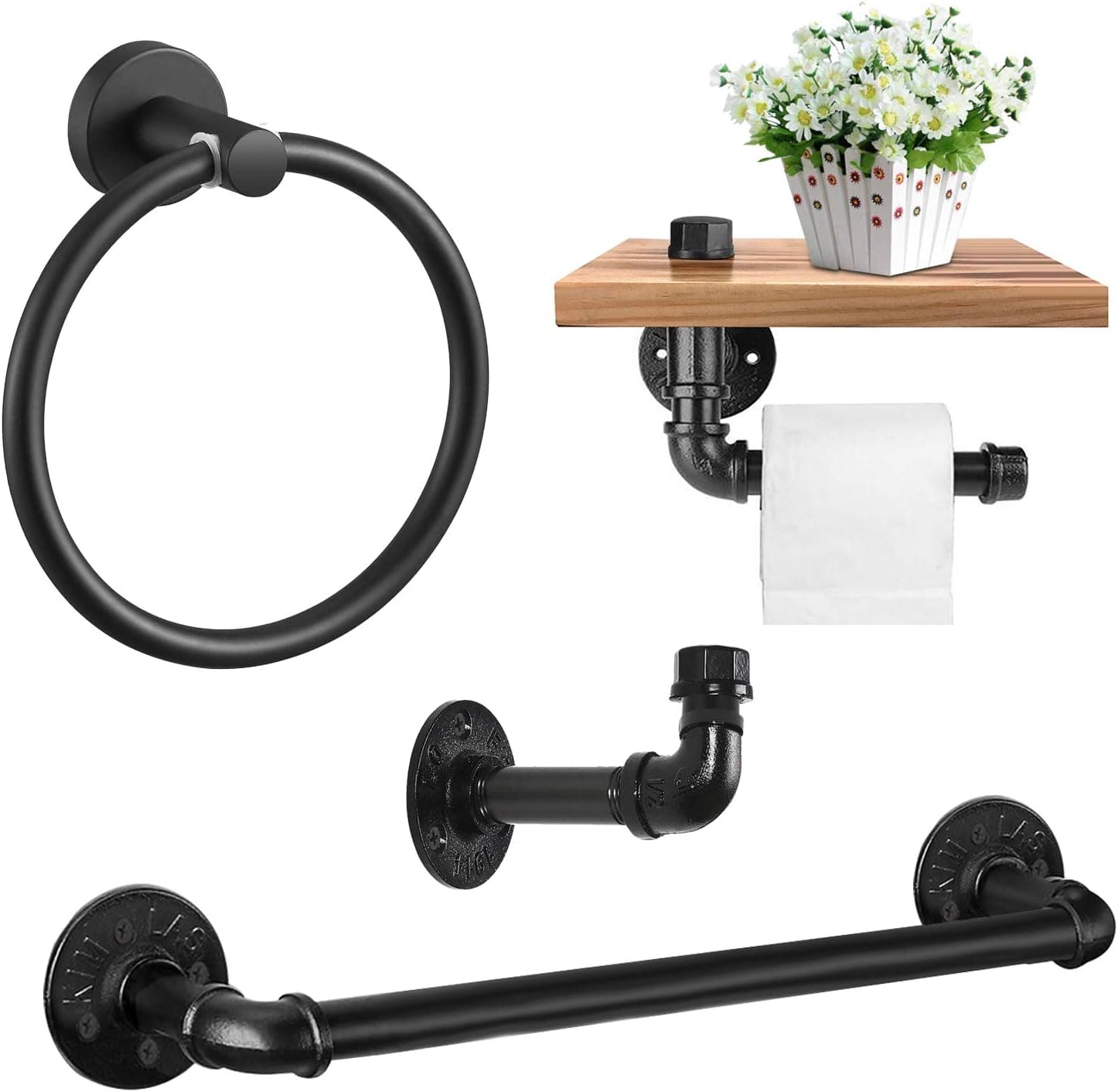 Bathroom Hardware Accessory Set Duty DIY Wall Mount Includes 18 Inch Towel Bar, Robe Hook, Toilet Paper Holder with Wooden Shelf, Hand Towel Ring for Bathroom Washroom