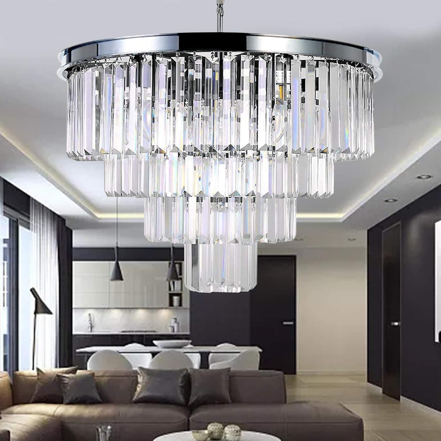 Luxurious Crystal Chandelier Modern Contemporary Chandelier 4-Tier European Ceiling Pendant Lights for Dining Room Living Room Hotel, 9 E12 Bulbs Required (Silver, Dia21.6'' 4-Tier)