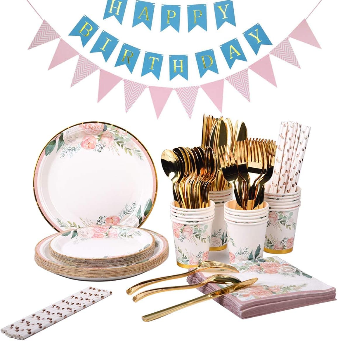 202pcs Disposable Tableware Set for 25 Guests Disposable Cutlery Set in White Flower Color Includes Dinner Plates Salad Plates Napkins Cups and Banners for Birthday Parties and Weddings
