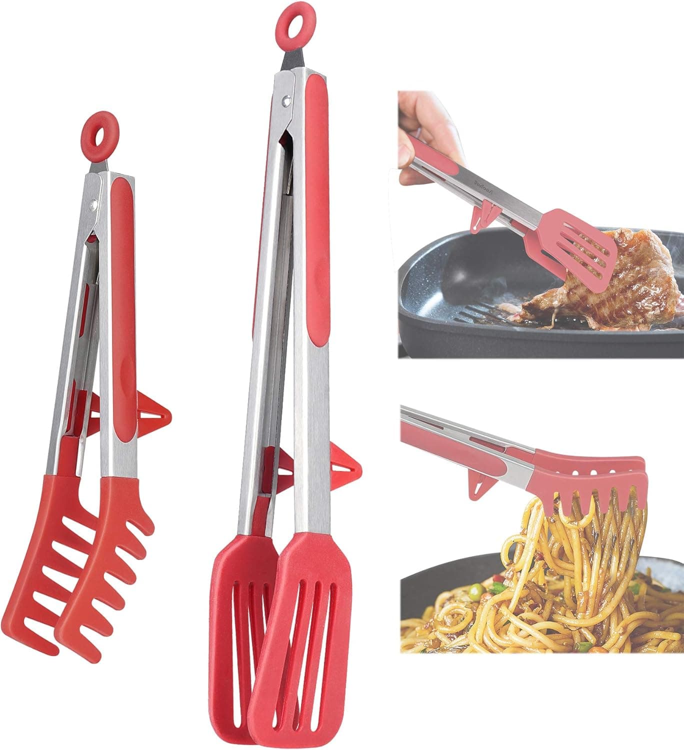 2 Pack Silicone Cooking Kitchen Tongs Kit, BPA Free Non-Stick Stainless Steel BBQ Grilling Locking Food Tong/Pasta Tong for Oven Baking Salad Steak Vegetable Serving Tools Utensil Set