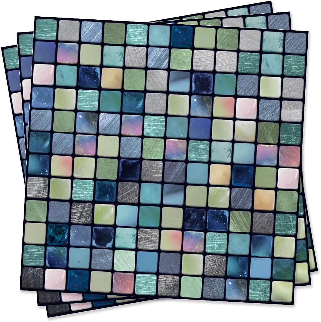 funlife 10Pcs Peel and Stick Kitchen Backsplash, Self-Adhesive Waterproof Tile Stickers, Retro Wall Decals for Home Bathroom Laundry Room Decor, 5.9"x5.9" Blue Metallic Mosaic