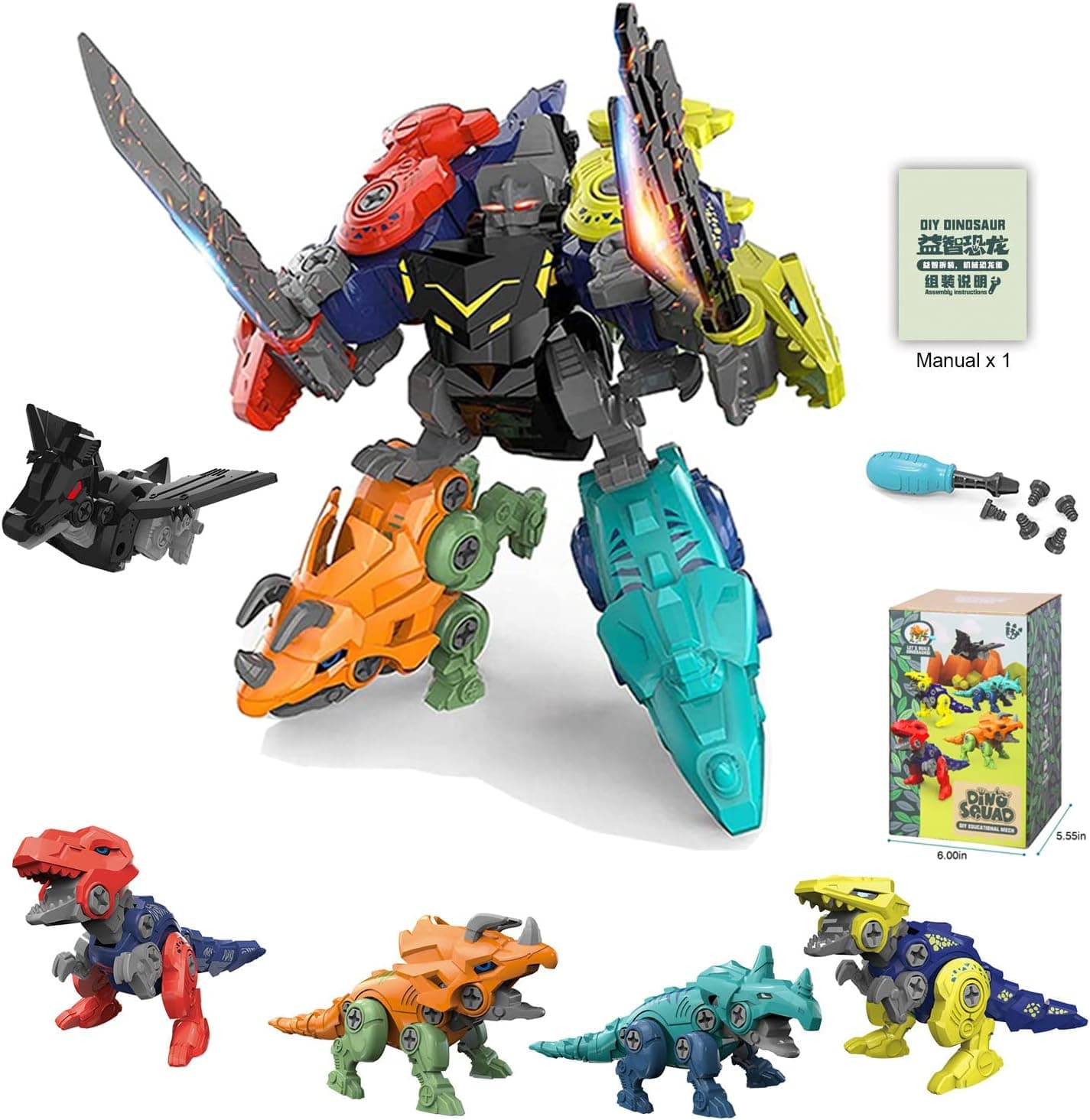 dmsbuy Kids Toys Dinosaur Toy Set - 5 in 1 Transforming Take Apart Dinosaur Toys for Kids 3-5 | Learning Educational Stem for Boys Birthday for Toddlers Girls Age 3 4 5 6 7 8 Year Old