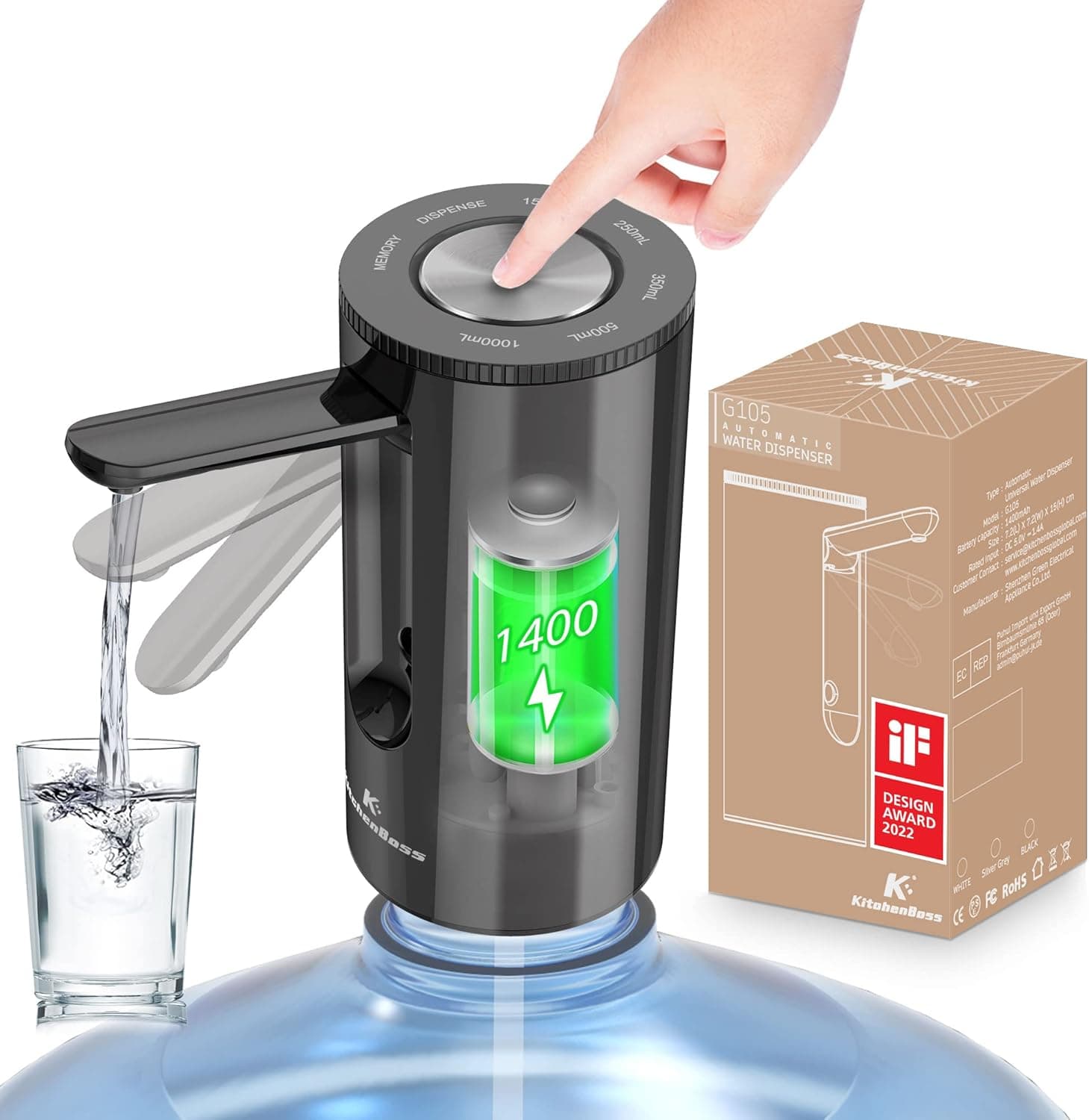 Universal Water-Bottle Pump Dispenser 5-Gallon: KitchenBoss Foldable Automatic Water Bottle Pump, Portable Electric Drinking Water Pump USB Charging 1-5 Gallon Water Bottle Switch,Onyx Black