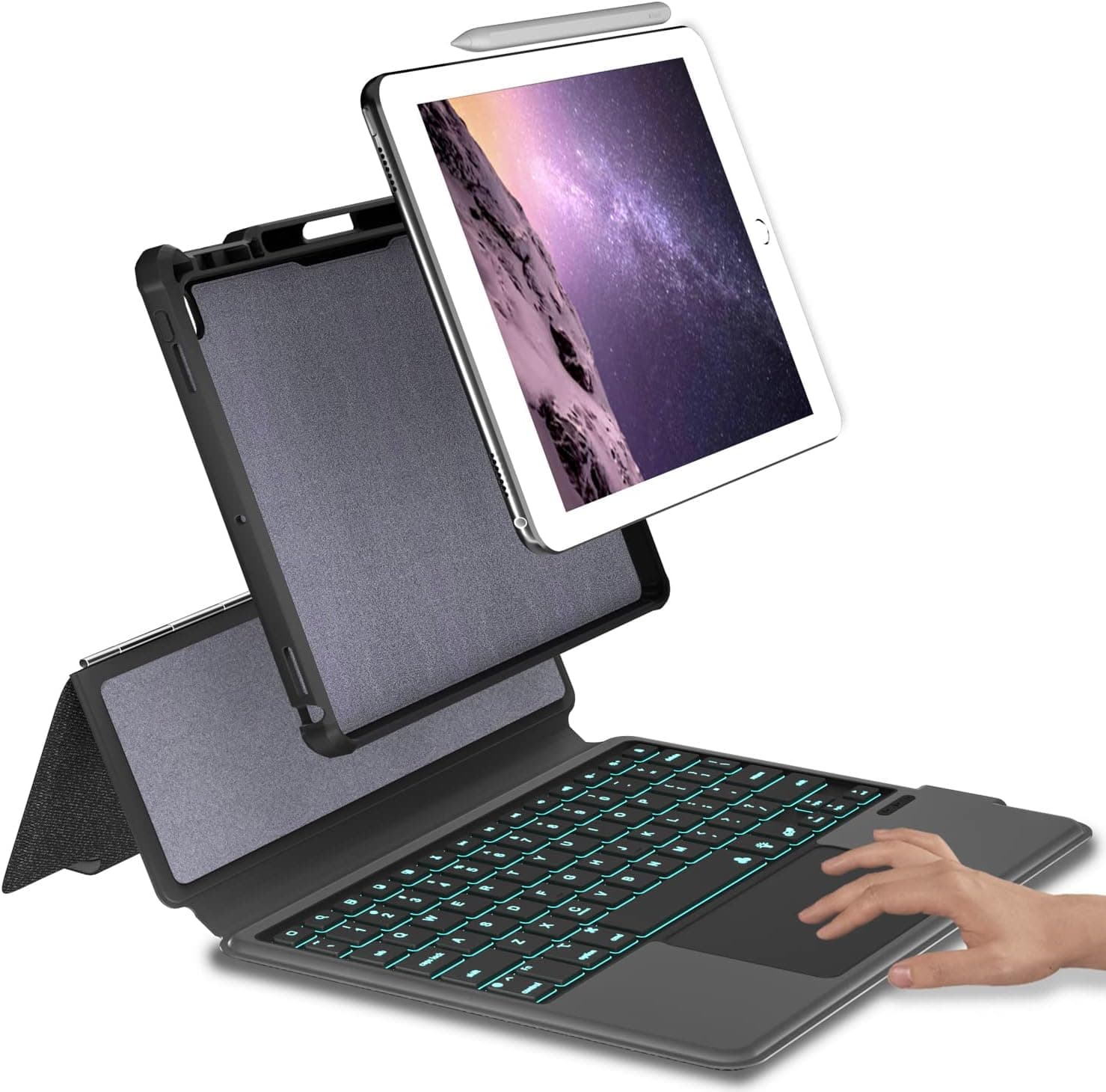 Eoso iPad 9.7 Keyboard Case for iPad 6th Gen 2018 - iPad 5th Gen 2017 - iPad Pro 9.7 - iPad Air 2-7 Color Backlight,Touchpad Detachable Slim Cover with Pencil Holder (9.7",Black)