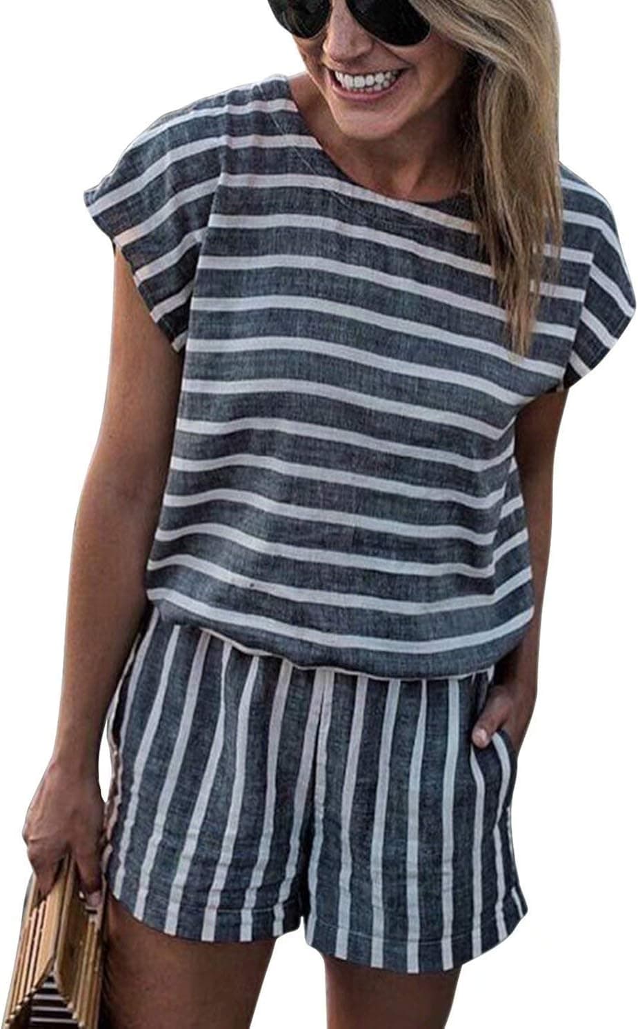 FLOYO Rompers for Women Striped Short Sleeve Backless Loose Summer Short Jumpsuit with Pocket Size M (US 6) (Grey)