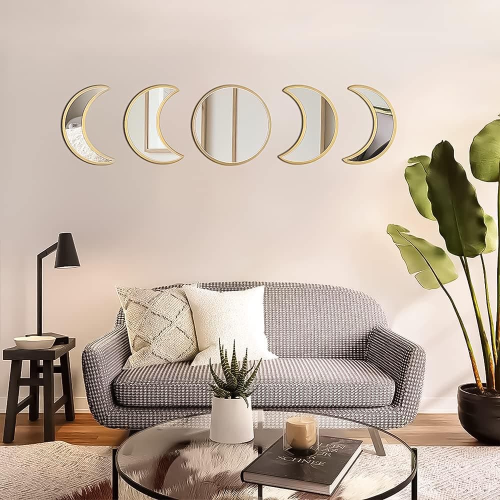 Slthe 5 Piece Moon Phase Mirror Set, Scandinavian Natural Decor Wall Decorative Mirror Home Decor Bohemian Moon Mirror for Living Room Bedroom, Acrylic Mirror, Not Real Mirror(Gold)
