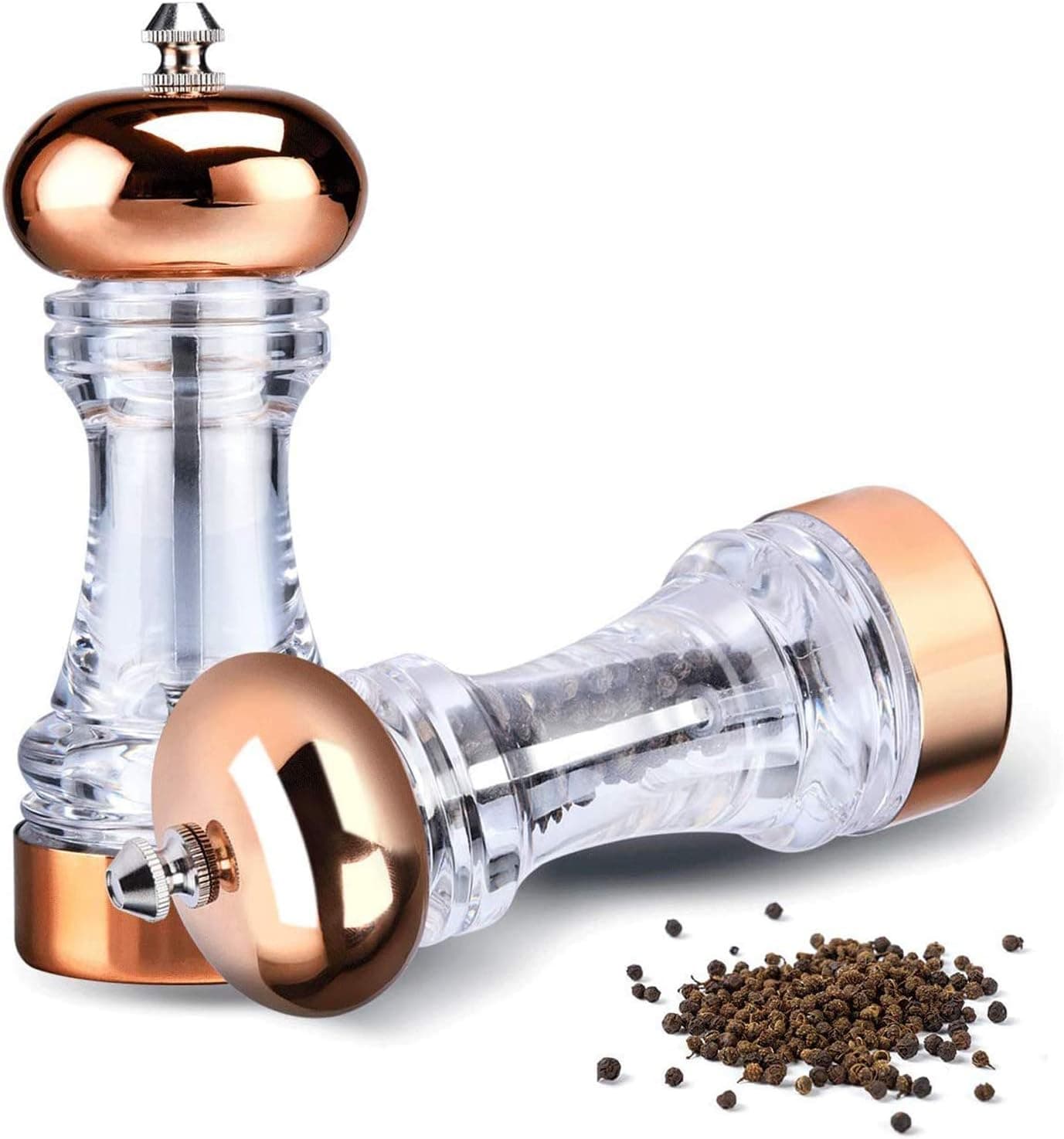 Mr. Rudolf Original Stainless Steel Salt and Pepper Grinder Set With Stand - Tall Salt and Pepper Shakers with Adjustable Coarseness - Salt Grinders and Pepper Mill Shaker Set