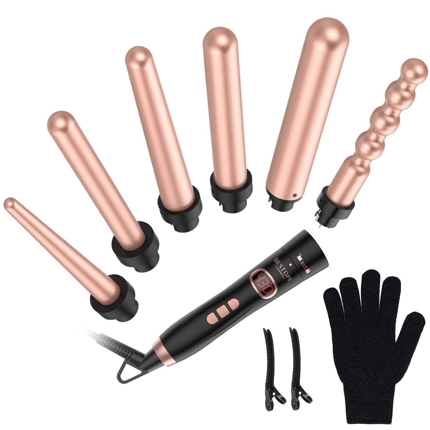 BESTOPE 6 in 1 Curling Iron Wand Set, Hair Curler Barrels with Temperature Control & LCD, included Glove and 2 Clips, 0.10'' to 0.85'' Rose Golden