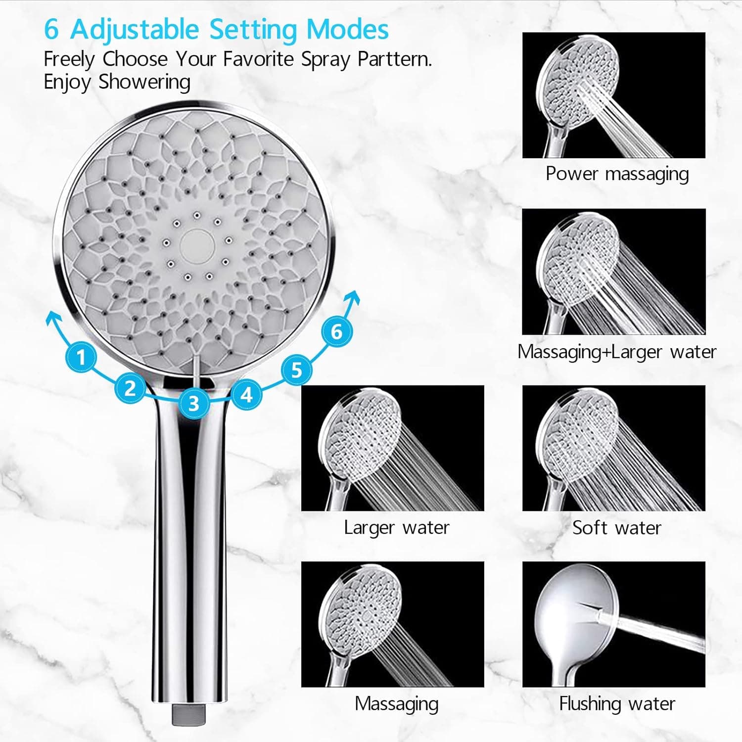 Benartti Handheld Shower Heads Set 6 Spray Settings Detachable Adjustable High Pressure Shower Head with Hose 59inch Built -in Power Wash to Clean Tub Tile Pets Adjustable Bracket Washers