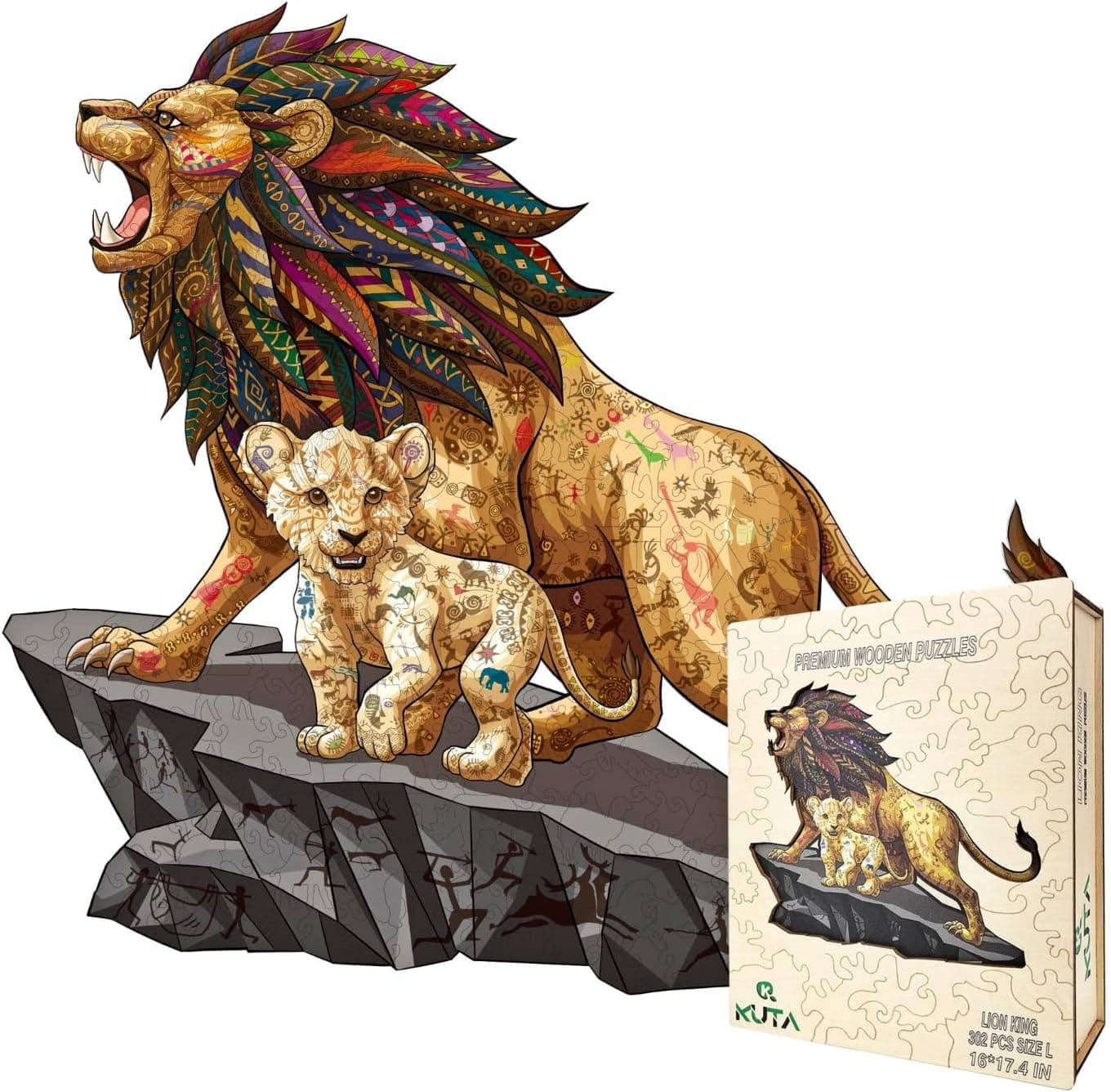 KUTA Wooden Jigsaw Puzzles, Unique Animal Shape, Set with Wall Mounting Kits for Decoration, 16 * 17.4 in, 302 pcs, Best Gift for Children and Adults (12 yrs+) (Lion King) (Extra L)