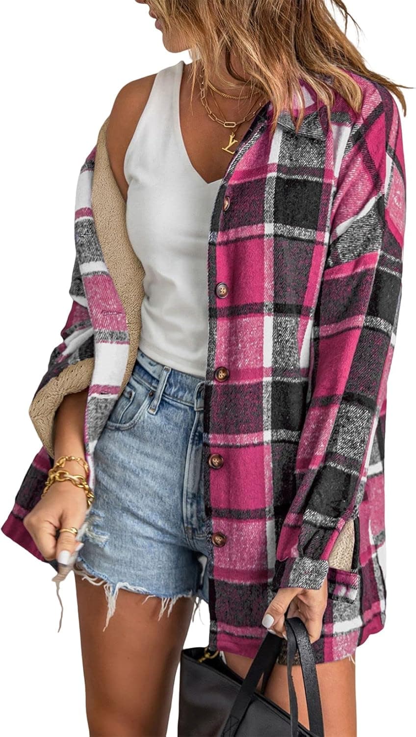 SHEWIN Womens Winter Long Sleeve Plaid Shirts Flannel Lapel Button Down Sherpa Fleece Lined Shacket Jacket Coats
