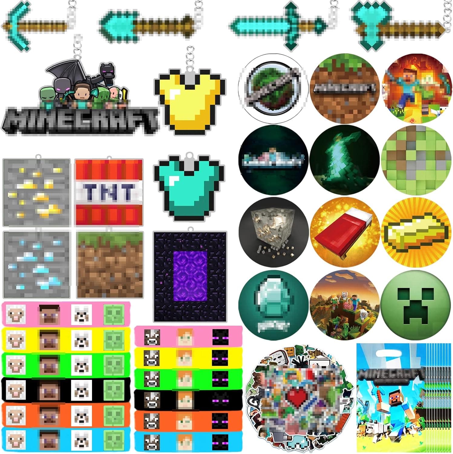 98 Pieces Pixel Miner Party Favors 12pcs gift bags 12 Key Chain 12 Button Pins 12 Bracelets 50 Stickers Gifts Game Fans Pixel Miner Birthday Favors