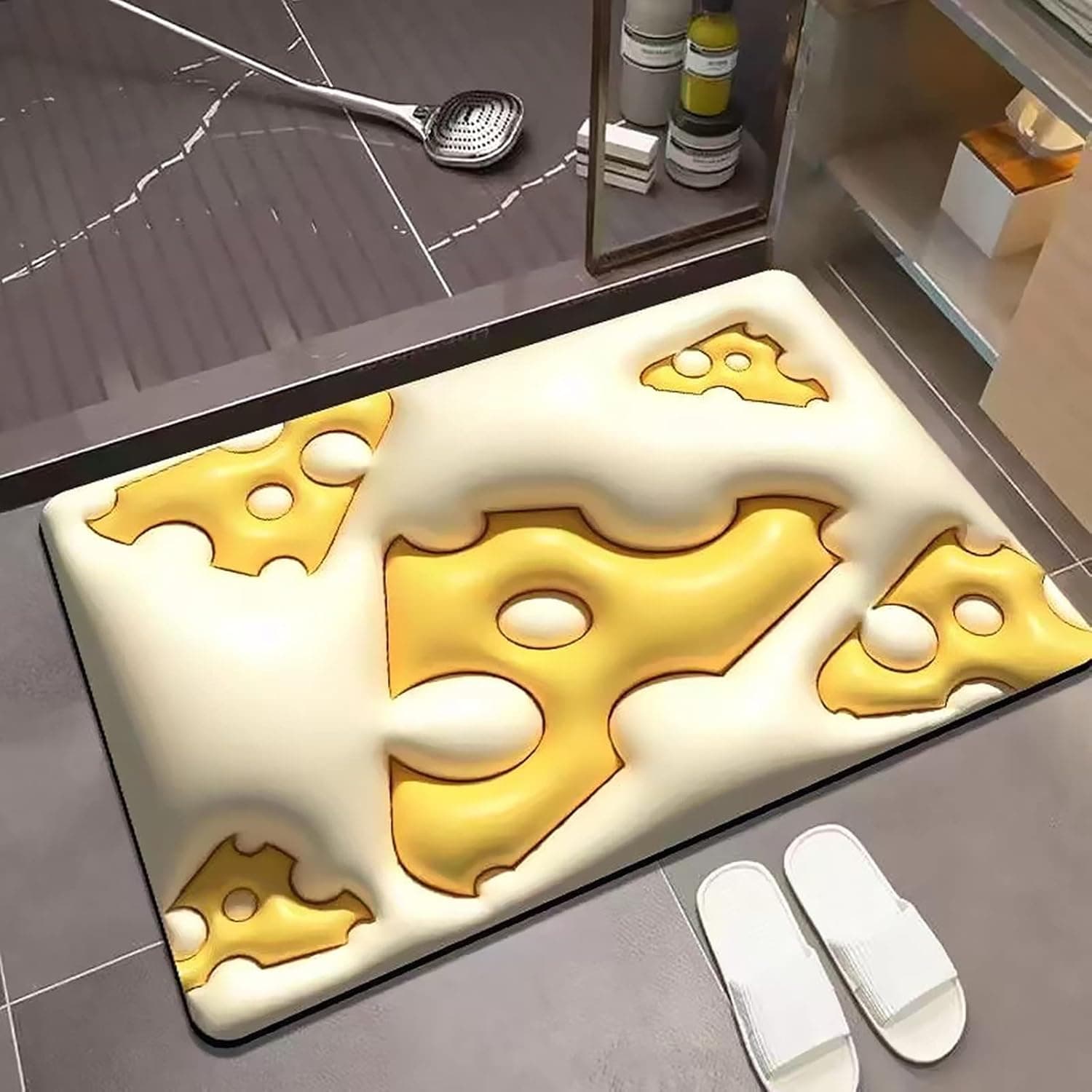 UKELER Bath Mat Cute Cheese Design Kitchen Rug 3D Visual Anti-Slip Absorbent Bathroom Rugs for Kids Bedroom Decor Bathroom Door Mat 31.5"×19.6"