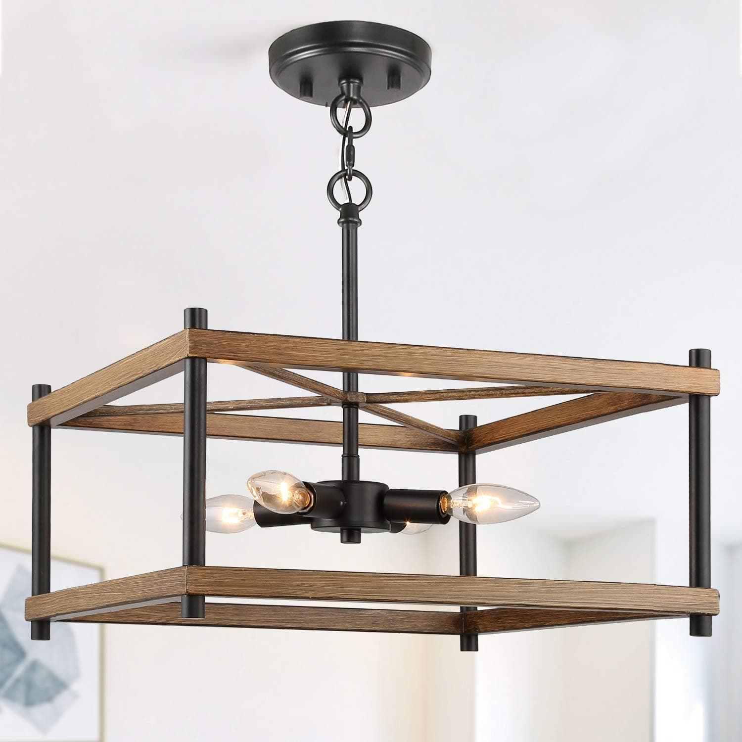 KSANA 16" Semi Flush Mount Ceiling Light, 2 in 1 Farmhouse Chandelier for Dining Rooms, 4 Lights Pendant Lighting in Faux Wood Finish