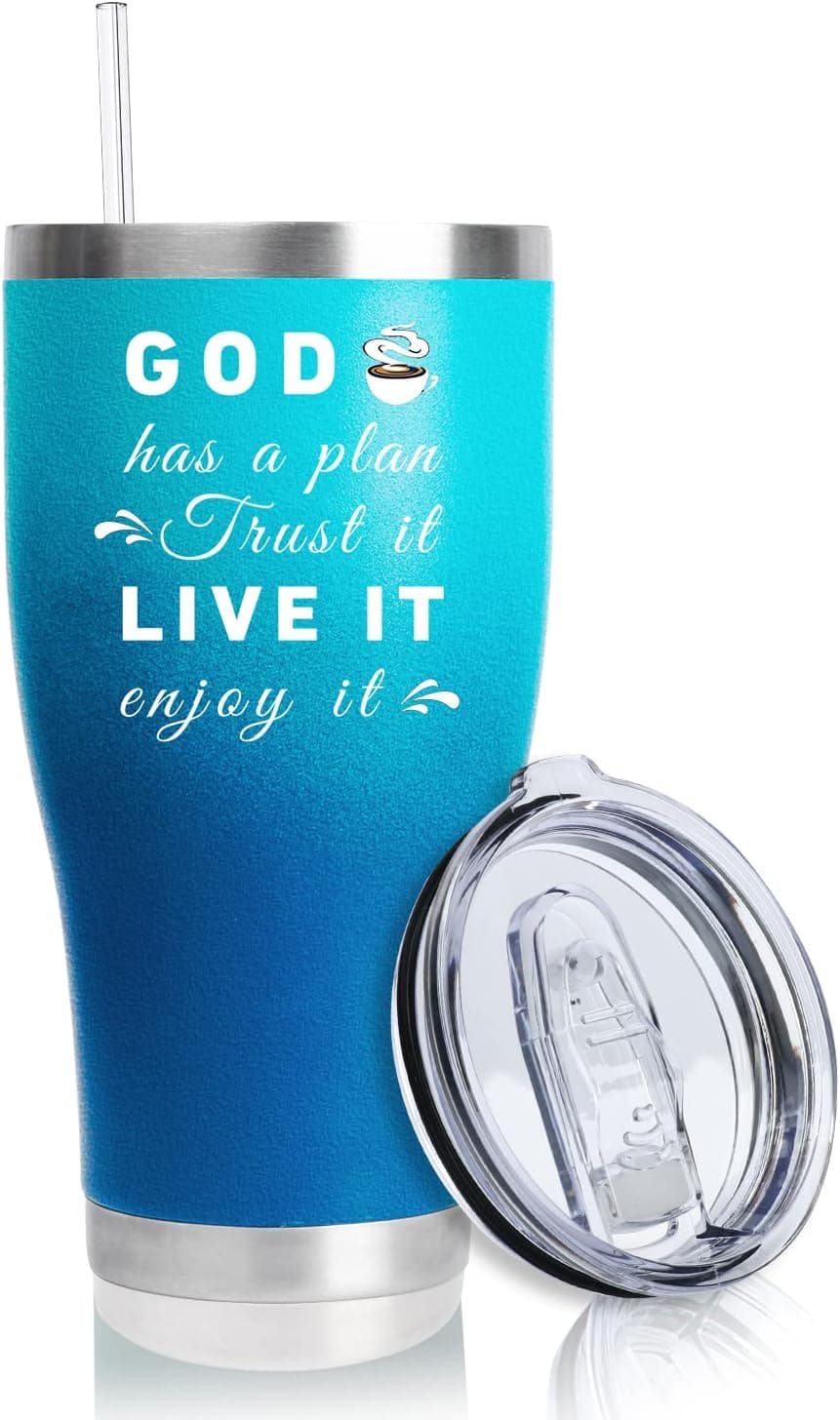 30oz Stainless Steel Vacuum Insulated Tumblers with Lid Straw Blue Gradient | Gift for Friend Family | God Has A Plan, Trust It, Live It, Enjoy It