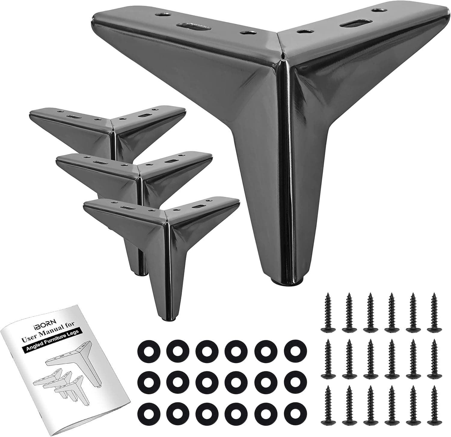 iBorn 4 inch Metal Furniture Legs Table Legs DIY Sofa Replacement Feet,Angled Design Black Brushed Finishing,Set of 4 (10cm)