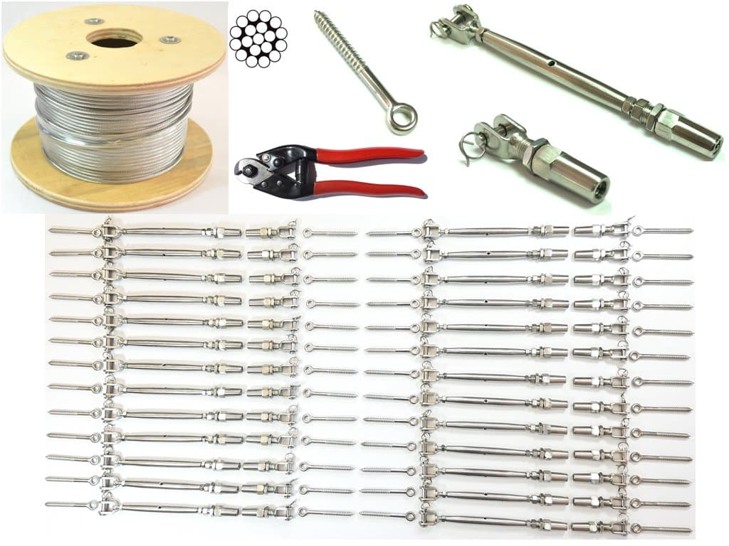 1/8 Cable Railing Kit 42".Stainless Steel 316 Cable 1/8 1*19 250 ft,Tensioner Quick Installation Stainless Steel 316 26-Pack,Welded Fork Swageless 26-Pack,Eye Terminal With Wood Screw 52-Pack 1 Cutter