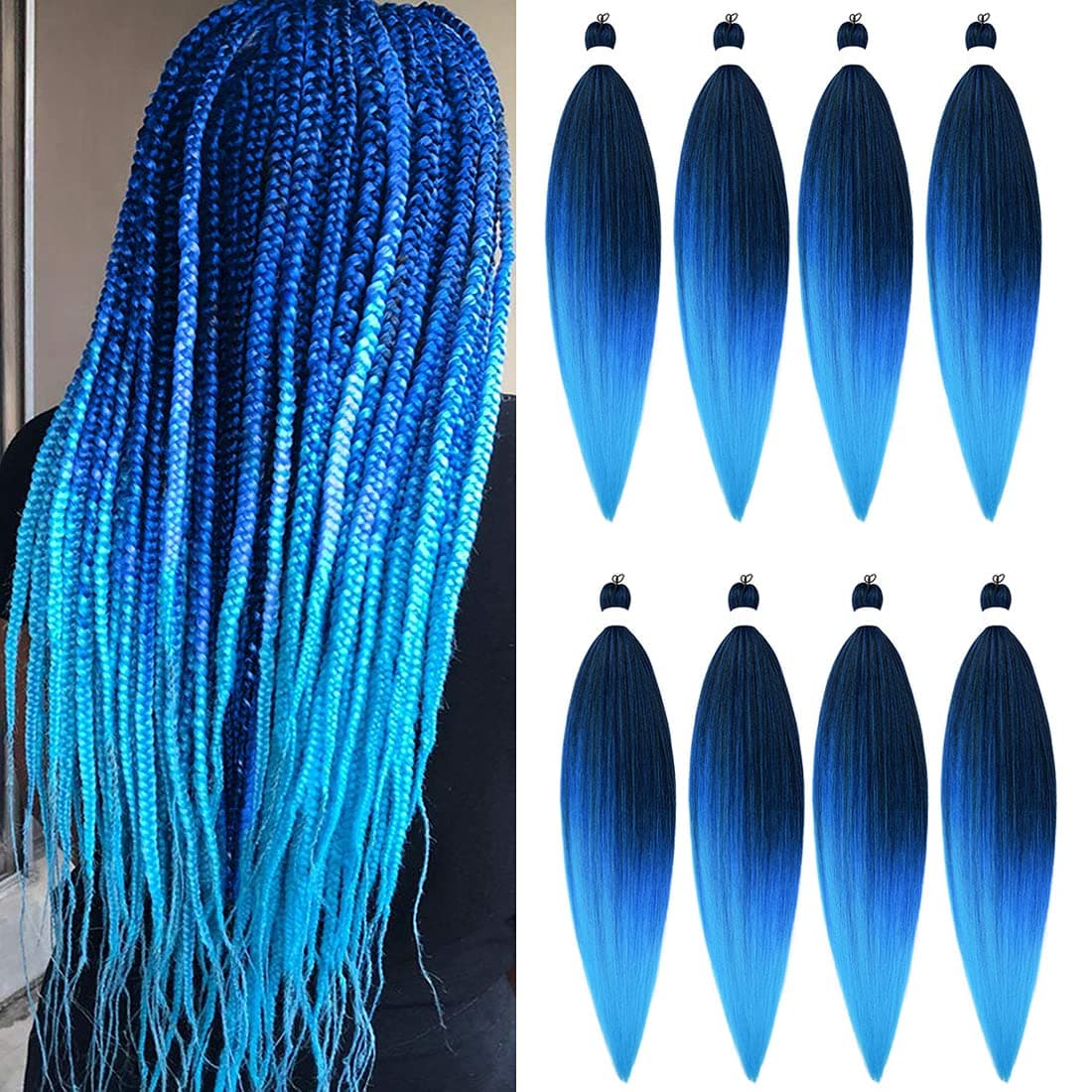Pre-stretched Braiding Hair Yaki Texture Hot Water Setting Itch-Free Synthetic Fiber Crochet Braiding Hair Extensions Mixed Color Black Dark Blue Light Blue (26inch 8pcs, mixed black/dark blue/light blue)