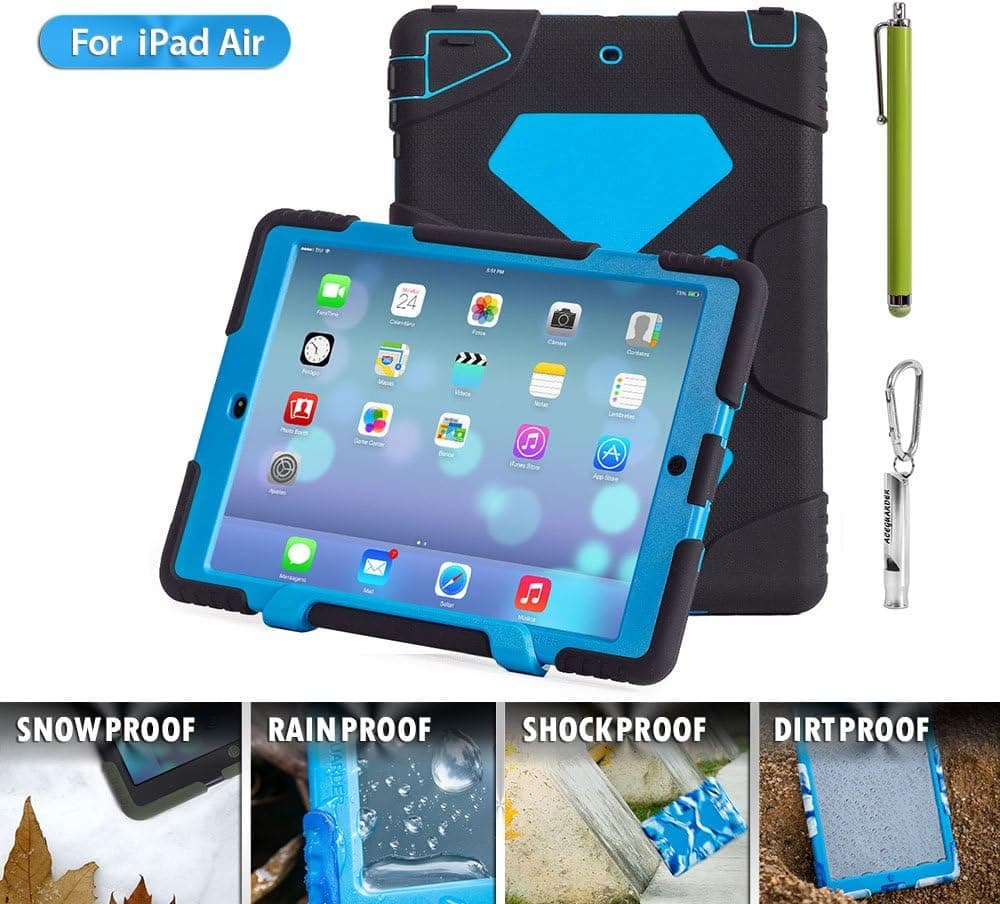 ACEGUARDER Apple Ipad Air Ipad 5 Case Waterproof Rainproof Shockproof Kids Proof Case for Ipad 5 (Gifts Outdoor Carabiner + Whistle + Handwritten Touch Pen) (Aceguarder Brand) (BLACK/BLUE)