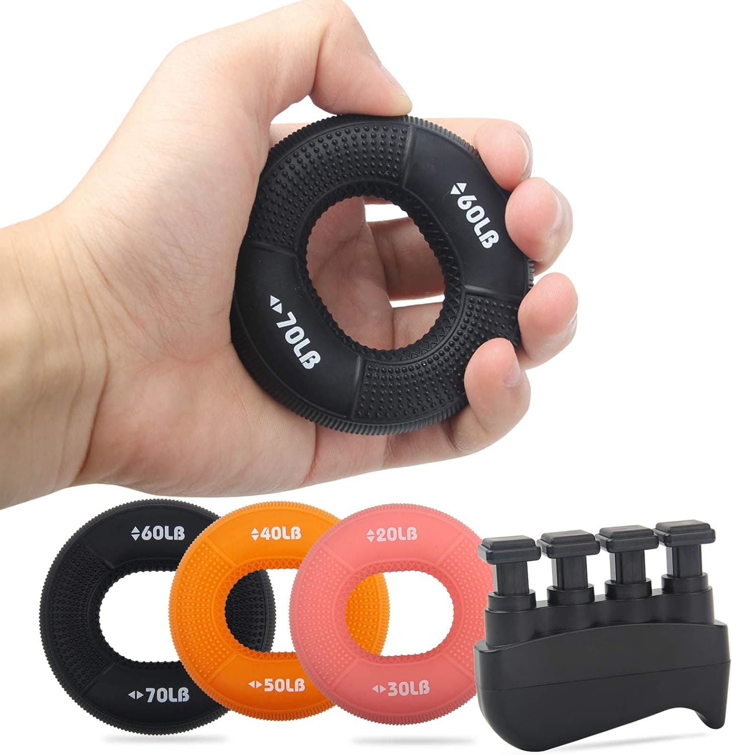 Hand Grip Strengthener Kit( 4 Pack), Adjustable Resistance Finger Exerciser, Forearm Gripper - Set of 6 Lever Resistance Grip Ring & Stress Relief Grip for Athletes, Rock Climbing, Guitar and More