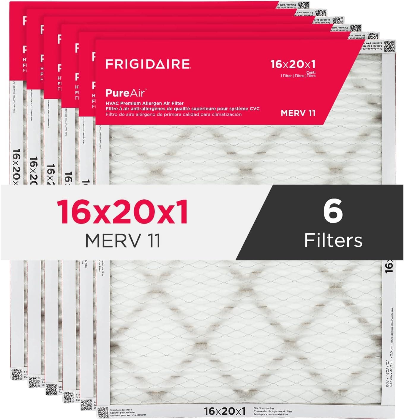 Frigidaire PureAir® 16x20x1 MERV 11 Prem Allergen Electrostatic Pleated Air Conditioner HVAC AC Furnace Filters - 6 Pack (exact dimensions 15.81 X 19.81 X 0.81)