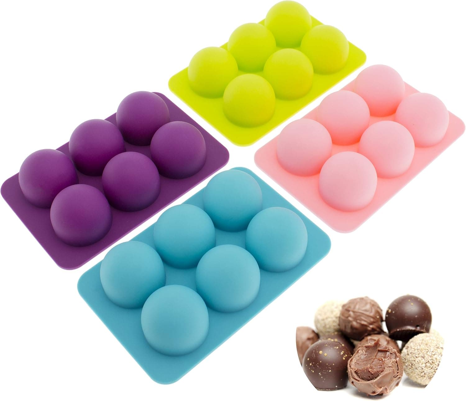 Silicone Chocolate Molds [Round Truffle, Small, 6 Cavity] - 100% Non Stick Reusable Food Grade Silicone Molds for Hard Candy, BPA Free - Dishwasher Safe, 4-Pack