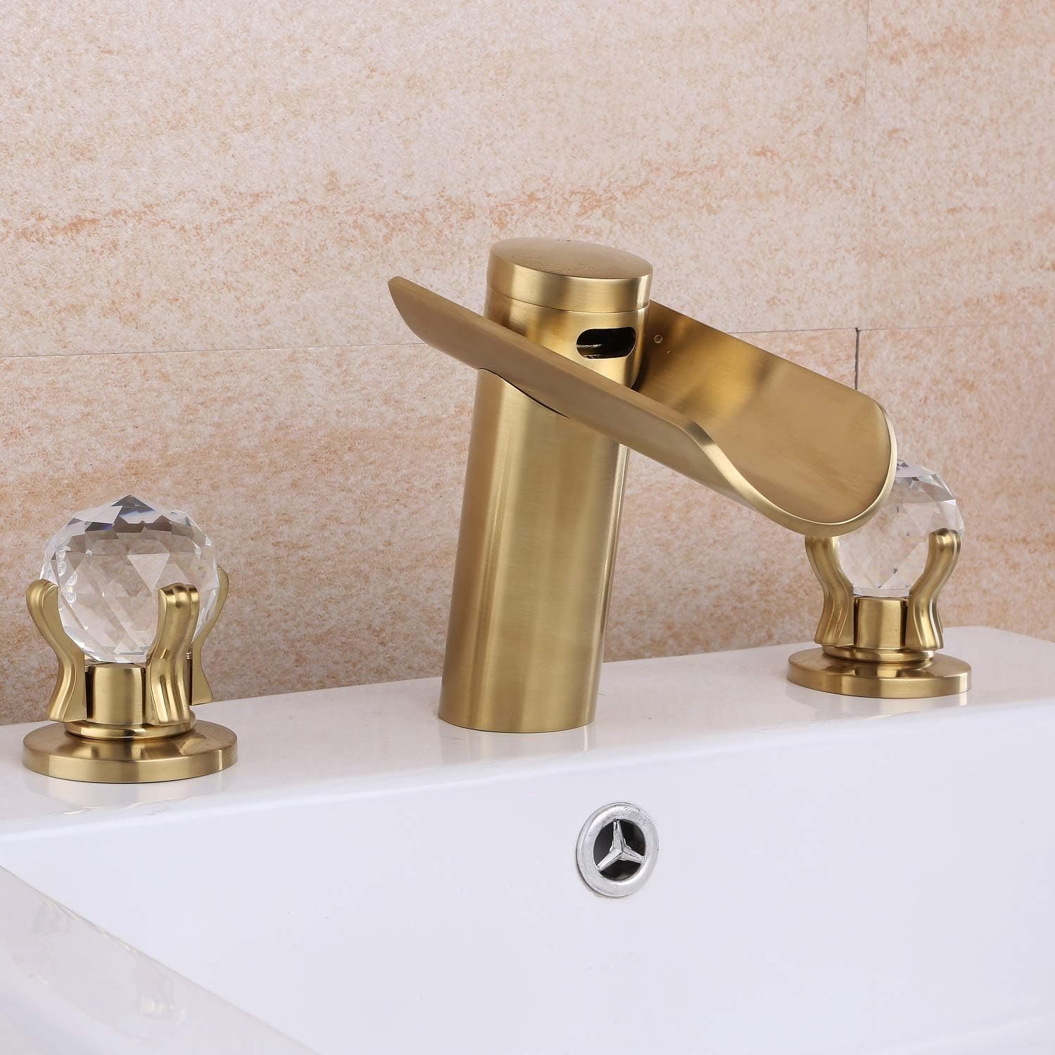 Brushed Gold Bathroom Sink Faucet 3 Hole 2 Handle Crystal Widespread Waterfall Faucet(Brusehd Gold)