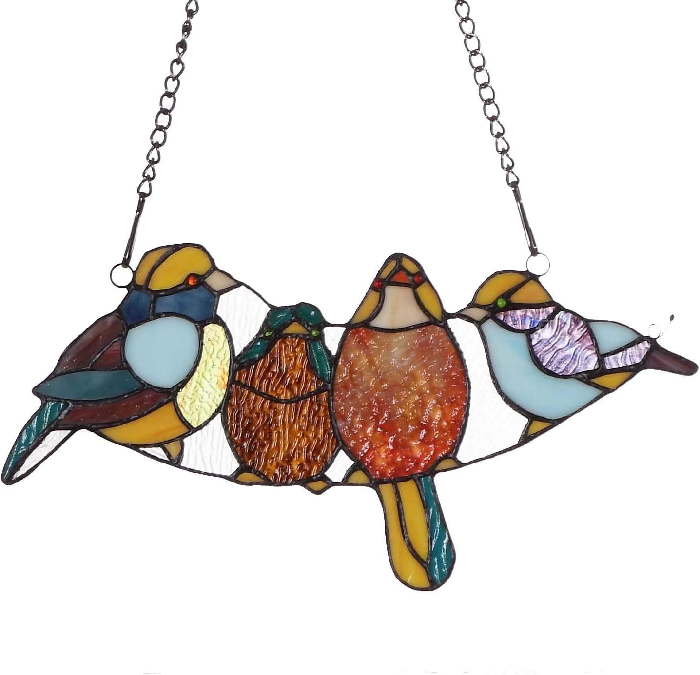Bieye W10018 Tropical Birds Tiffany Style Stained Glass Window Panel with Chain, 15" W x 7" H