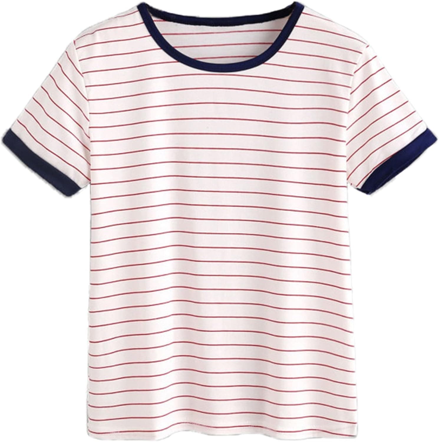 MakeMeChic Women's Casual Loose Striped Short Sleeve T-Shirt Tee Top Red S