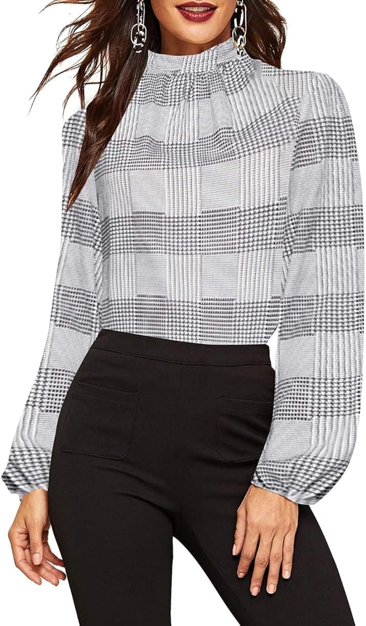 Romwe Women's Elegant Printed Stand Collar Long Sleeve Workwear Blouse Top Shirts