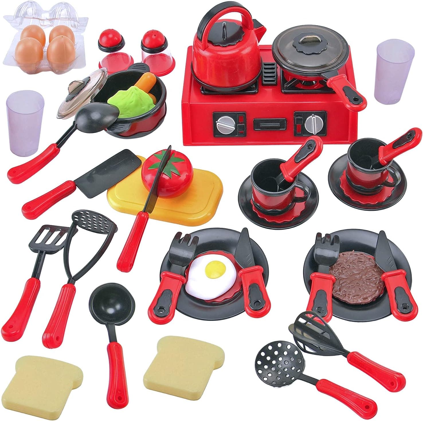 44 Pieces Kids Kitchen Toy Accessories, Mini Breakfast Stove Top Appliances Playset with Fake Cookware, Pretend Play Food, and Utensils