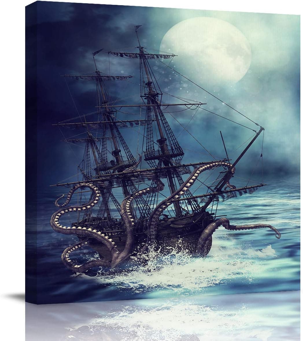 Square Canvas Wall Art Oil Painting for Bedroom Bathroom Living Room Home Decor,Kraken Octopus Monster Pirate Ship Artworks for Hotel Office Salon,Stretched by Wooden Frame,Ready to Hang,12x12in