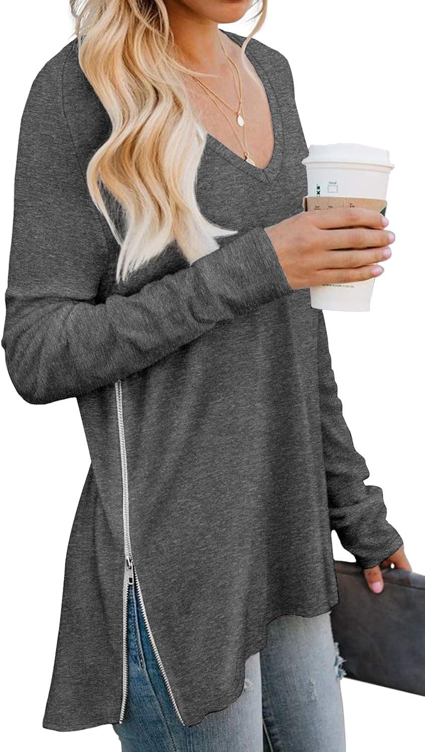 PrinStory Women's Fall Casual V-Neck Soft Raglan Long Sleeves Sweatshirts Tops Basic T-Shirt Split Blouse with Side Zipper