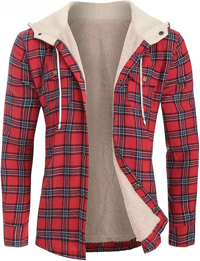 ZAFUL Men's Fuzzy Flannel Plaid Hooded Jacket Long Sleeve Fleece Lined Plaid Button Down Shirt Jacket