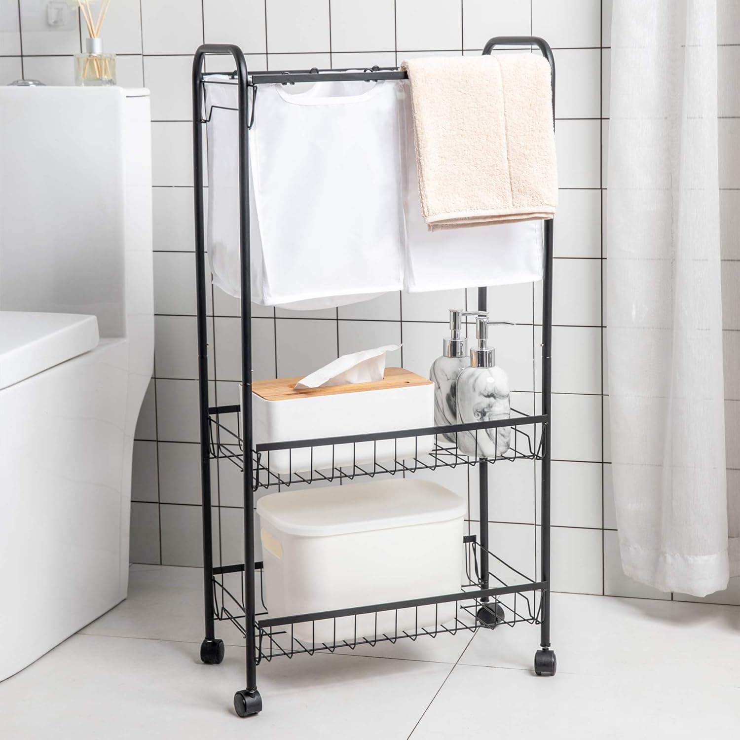 TOLEAD Rolling Laundry Sorter Cart with Wheels Combined with 2 Removable Washing Bags and Extra 2 Tier Mesh Shelving Storage Units,and 2 Metal Handles for Easy Transport,Black(2020 Patented Design)
