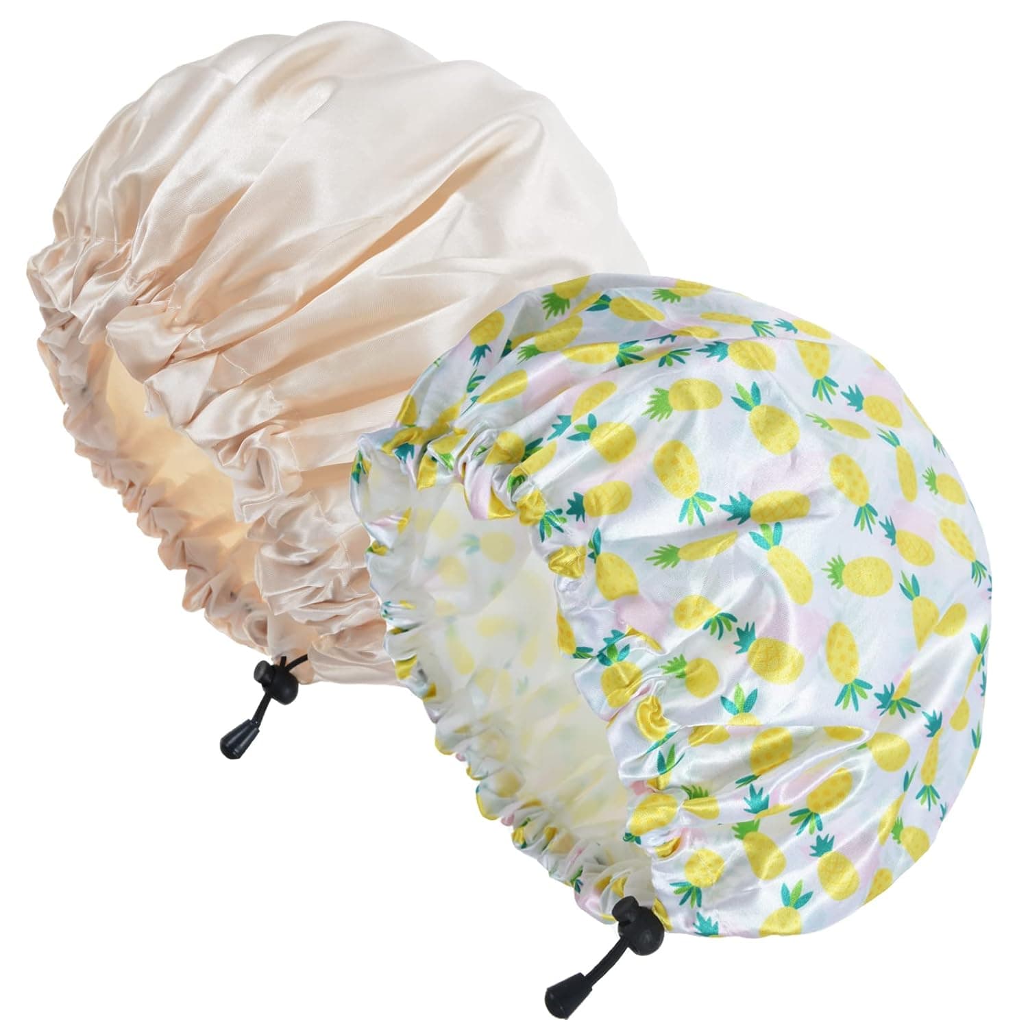 Luvruitaky Shower Cap 2PCS Large Shower Caps for Women Reusable Waterproof Soft Satin with PEVA Drawstring Elastic Band for Long Hair