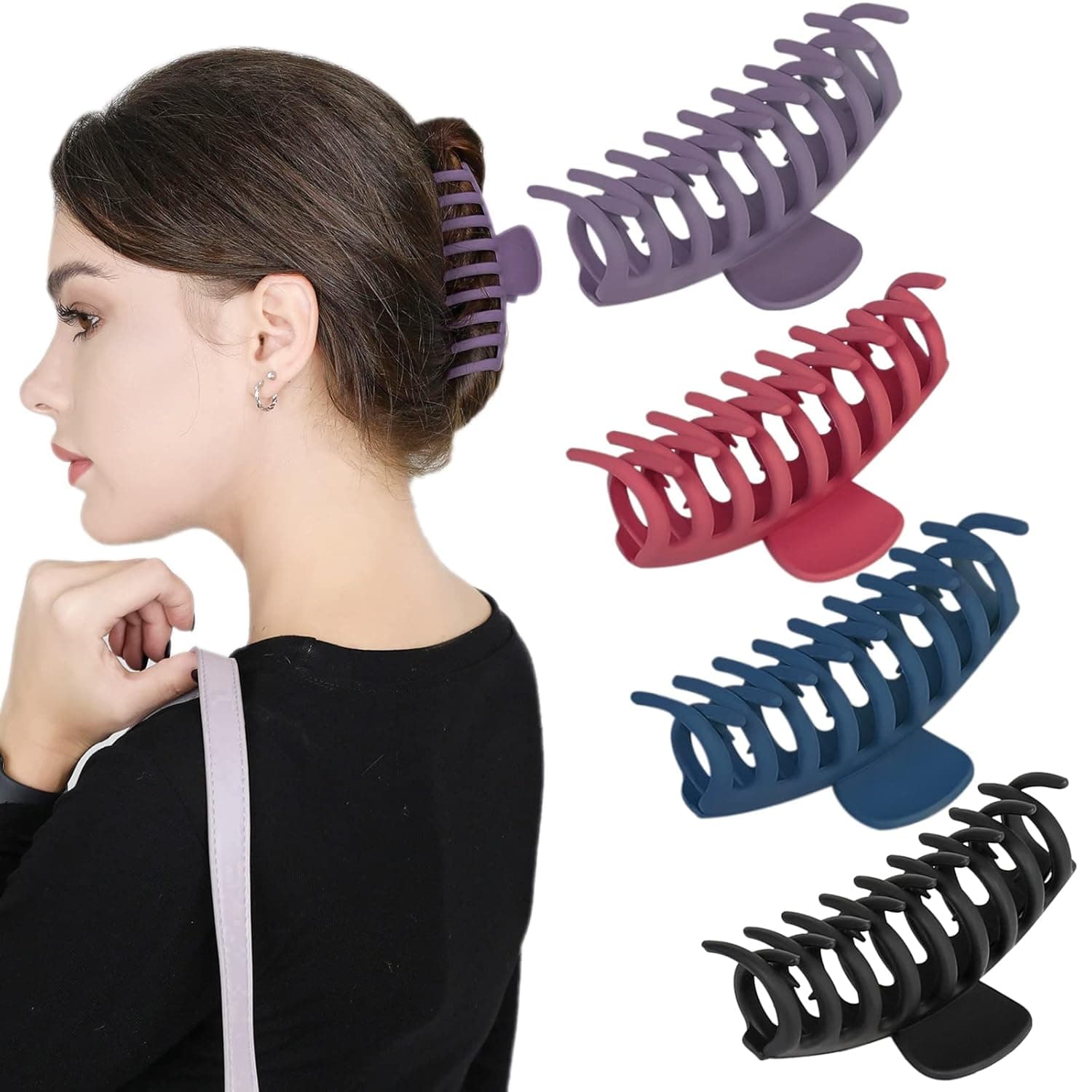 MONGSILER large hair clip. Suitable for all thick hair. 4 servings, 4.3 inches each. Strong non-slip barrette for all ladies. (1,black, navy blue, hot pink, lilac colour)