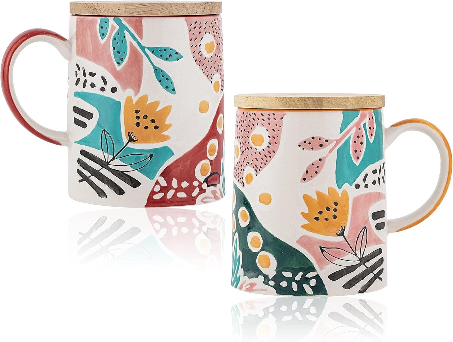 Taimei Teatime Ceramic Coffee Mug with Lid, Mug Set of 2, 17.6oz Coffee Mug with Handle, Large Mug for Coffee Latte, Tea, Handpainted Floral Mugs for Women, Dishwasher Safe and Microwaveable