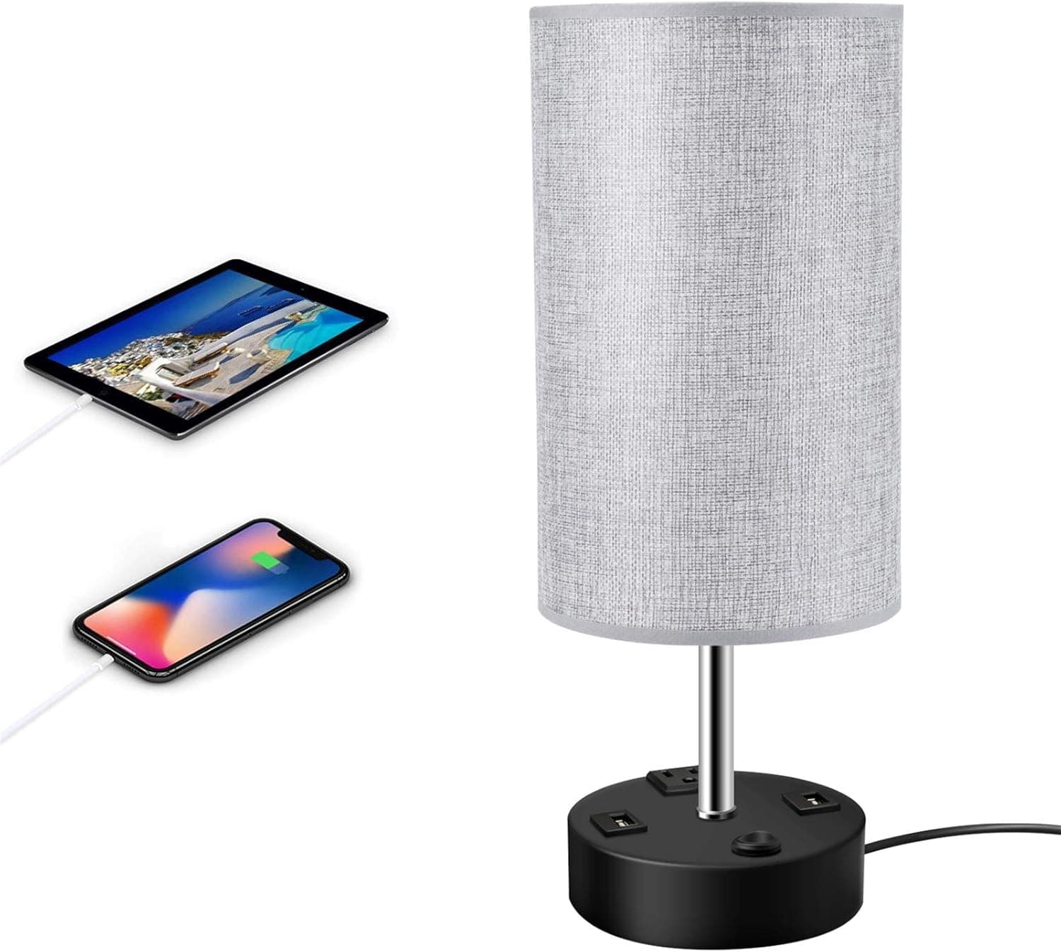 SUNVP Table Lamp with USB Port and Outlet Bedside Nightstand Lamps Gray Round Fabric Shade Bedroom Lamps Modern Design Desk Lamp with Switch (1 Pack)