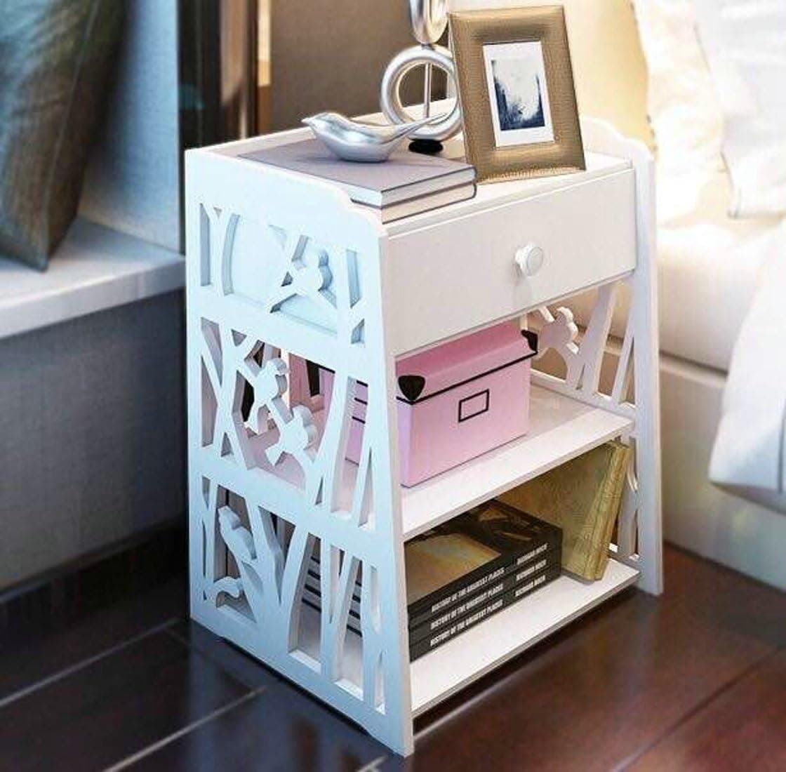MYBESTFURN Small Size Engraving White Nightstand Bed End Cabinet Living Room Multifunctional Cabinet Waterproof Plastic-Wood Table- White 1 Drawer 16X11X20 Inches 272N