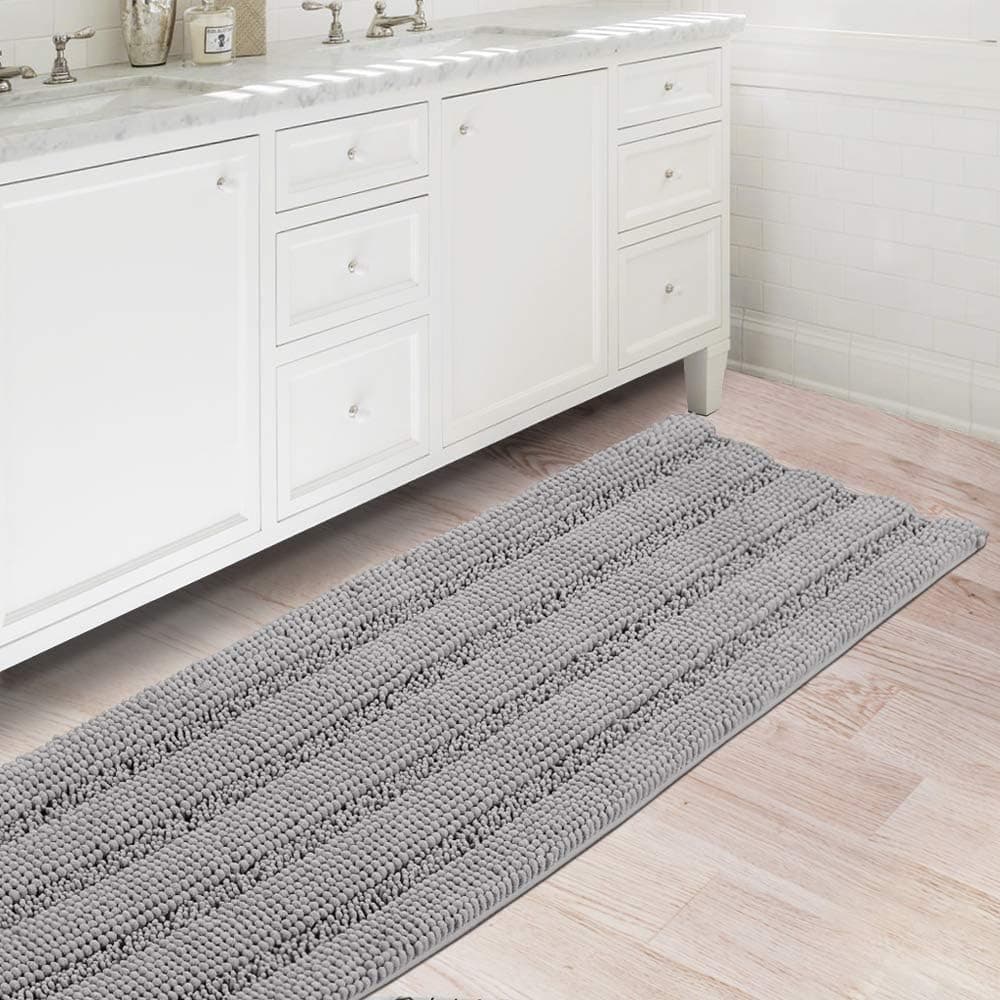 Flamingo P Bath Rugs Ultra Thick and Soft Texture Bath Mat Chenille Plush Striped Floor Mats Hand Tufted Bath Rug with Non-Slip Backing Door Mat for Kitchen/Entryway (Dove - 47" x 17")