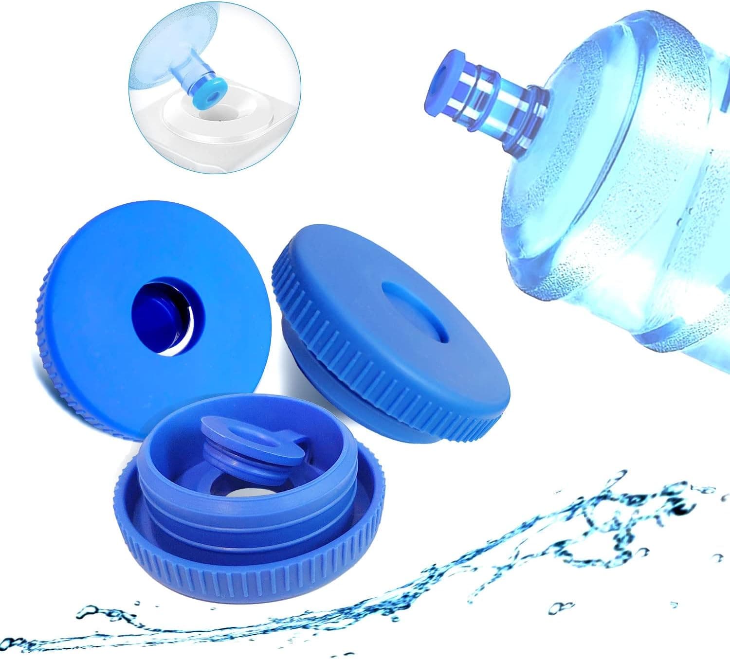 5 Gallon Water Jug Caps Reusable, Water Bottle Caps Fit 55mm Bottles for Water Dispenser, Anti-Splash, No-Spill Silicone Replacement Top Lids with Leak Proof and Air Tight Design - 3 Pack
