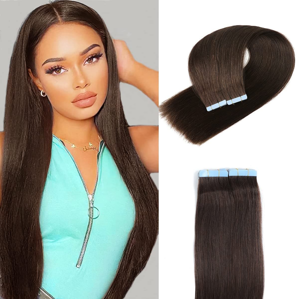 Tape in Hair Extensions Human Hair 100% Brazilian Virgin Human FUINAL Hair 50g/pack 20 Pieces Straight Hair Seamless Skin Weft Tape in Human Hair Extensions for Women (22 Inch, 2 Dark Brown)