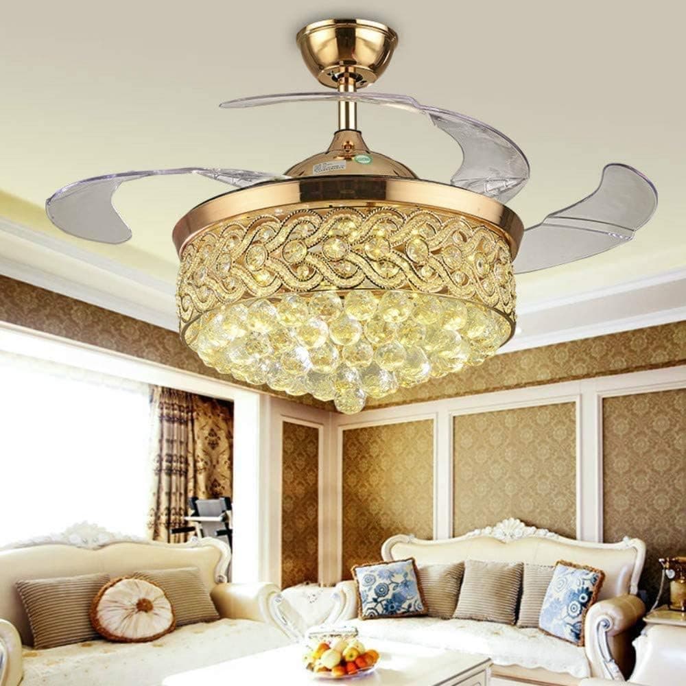 Lighting Groups 42" Retractable Ceiling Fans with LED Light Remote Control 4 Invisible Clear ABS Blades Livingroom Diningroom Fan Chandelier Indoor Ceiling Light Kits with Fans (42 Inch, Gold-04)