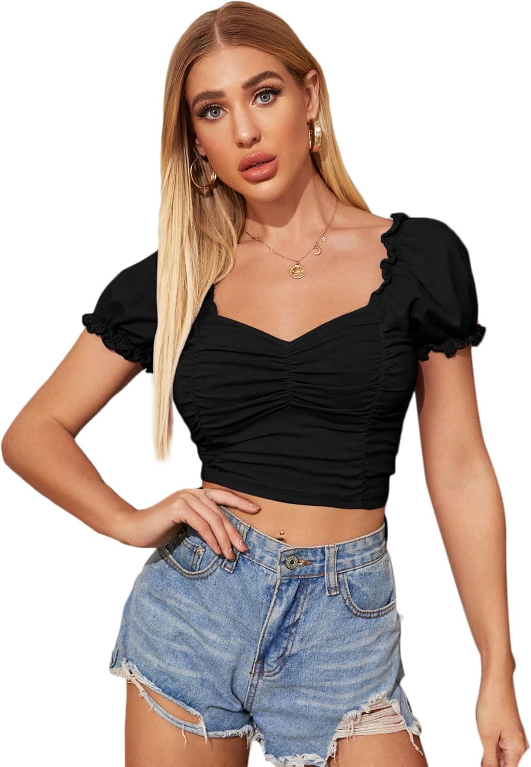 Floerns Women's Sweetheart Neck Puff Sleeve Ruched Crop Top Blouse