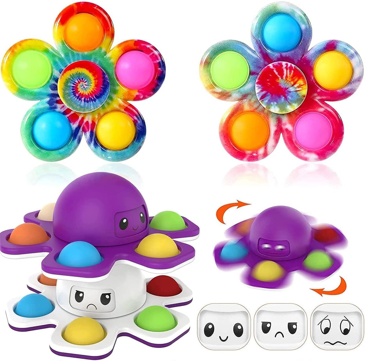 4 PCS Pop Fidget Spinner,Push Bubble Fidget Spinner,Octopus Changing Face Fidget Spinner Pop Toy ,Flip Octopus Push Bubble Fidget Toy, Stress Relieve Sensory Toys for Kids Adults