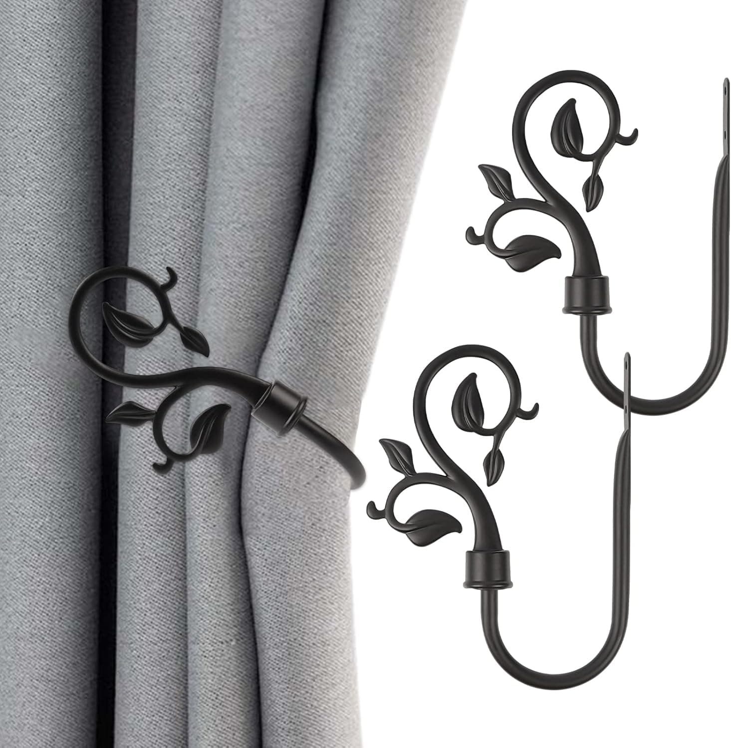Fivtyily 2 Pack Metal Leaves Curtain Holdbacks for Draperies Decorative Tiebacks Hook (Black)