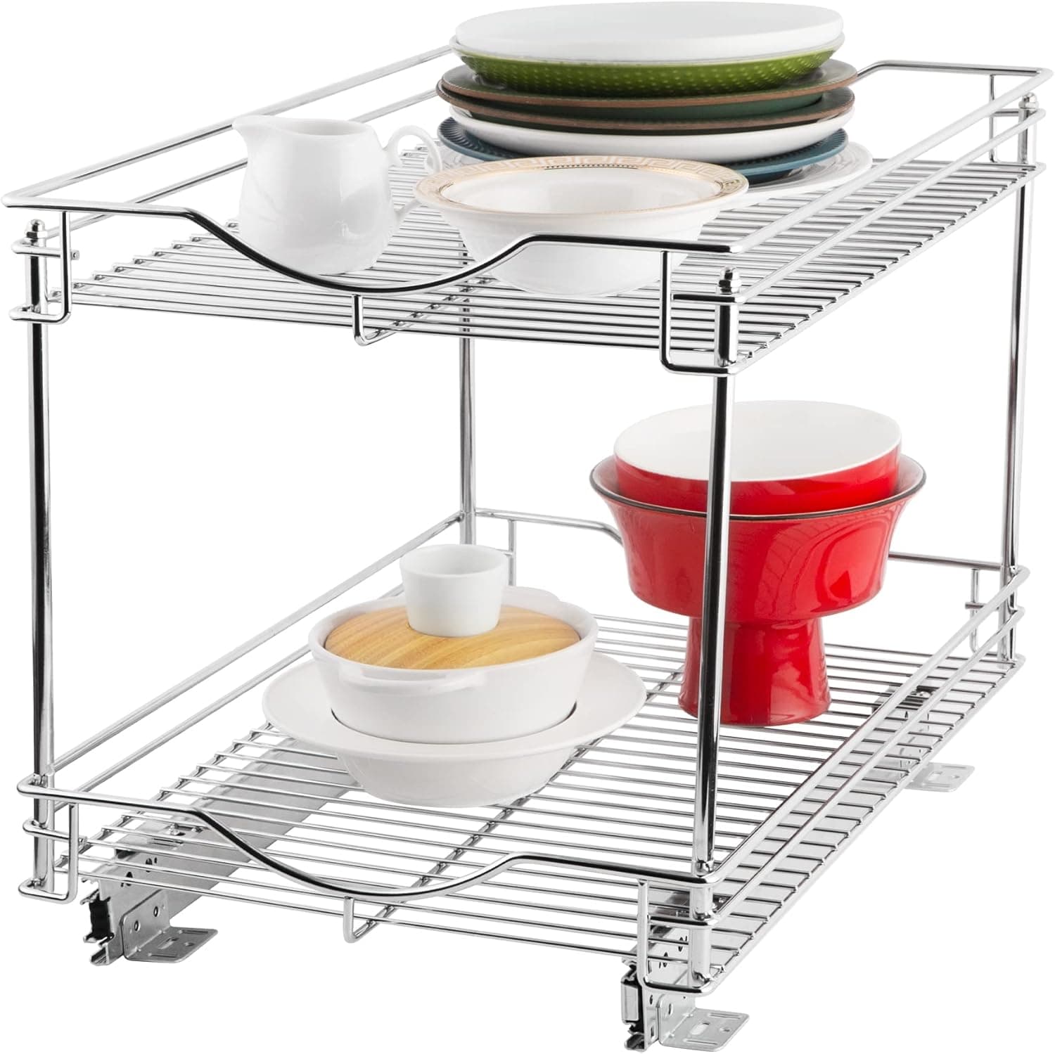 SIMCAS 2-Tier Pull Out Cabinet Organizer (11" W X 18" D), Kitchen Cabinet Organizers and Storage Cabinet Pull Out Shelves, Under Cabinet Organizer Slide Out Pantry Shelves for Inside Cabinets, Chrome