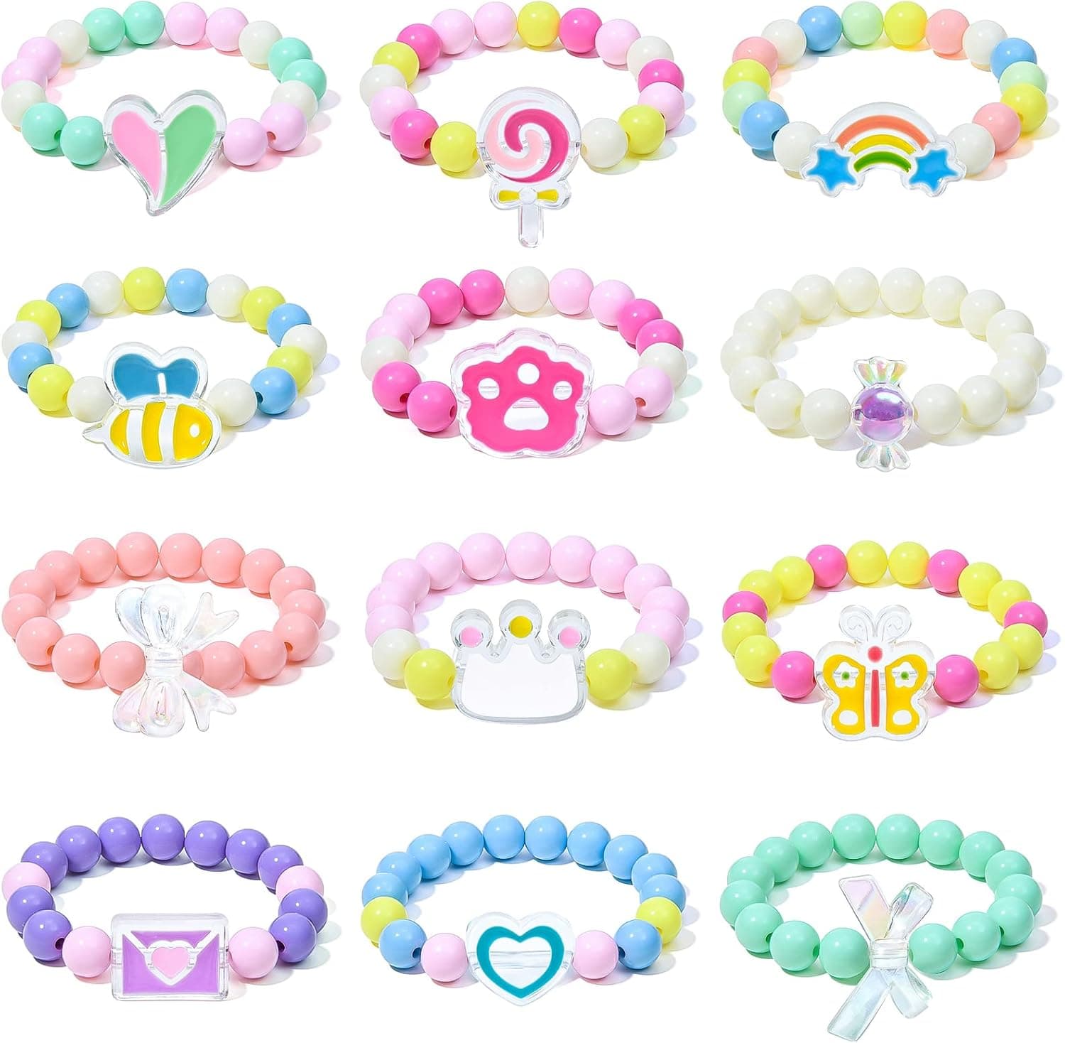 G.C 12 Pcs Kids Beaded Bracelets for Girls Toddler Jewelry Cute Princess Pretend Play Colorful Friendship Bracelet Birthday Gifts